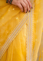 Yellow Tissue Silk Saree Pallu Close Up - Zari Motif Detail