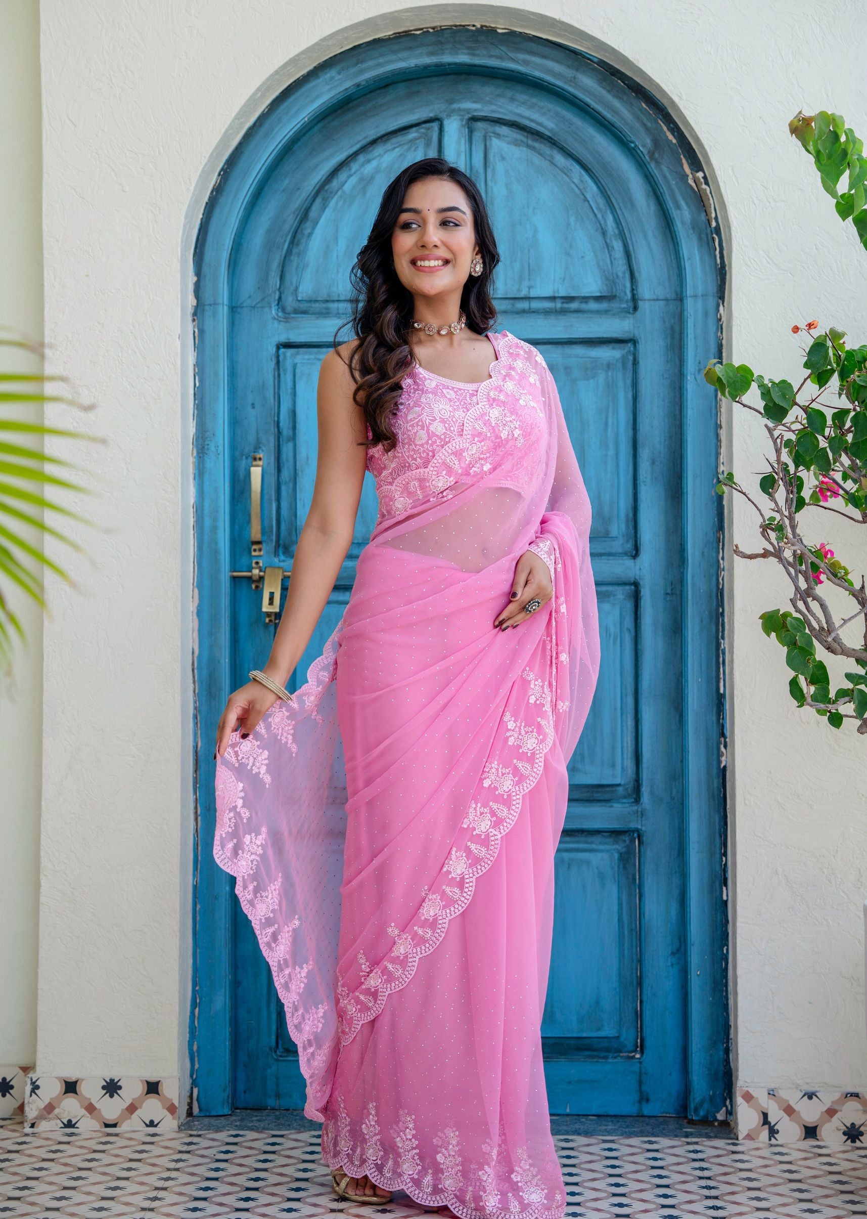 Baby Pink Chiffon Saree Draped Pose - Embellished Border Detail