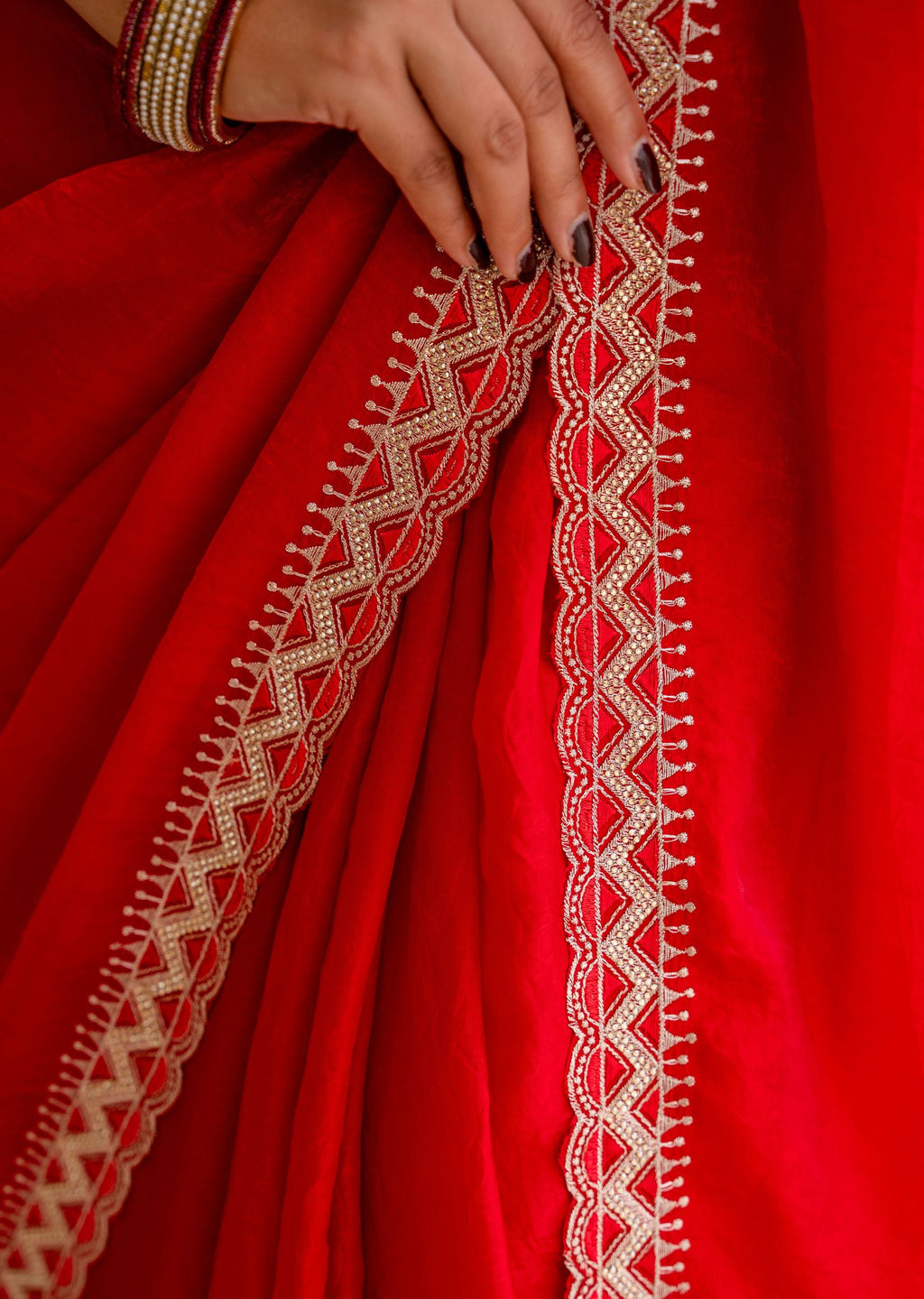Red Italian Silk Saree Pallu Close Up - Embellished Border Detail