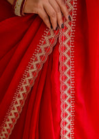 Red Italian Silk Saree Pallu Close Up - Embellished Border Detail