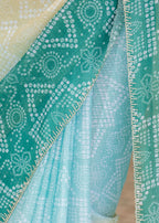 Teal Green Kota Silk Saree Pallu Close Up - Bandhani Print Detail