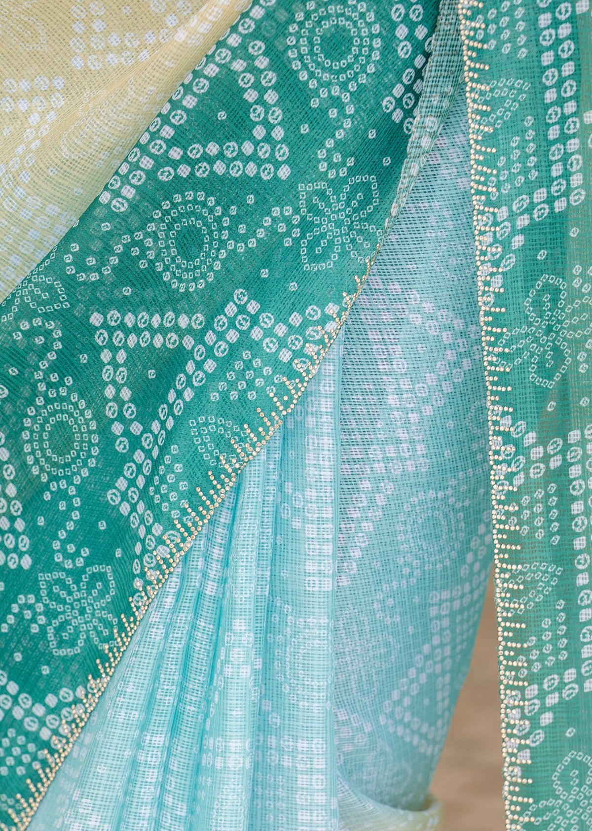 Teal Green Kota Silk Saree Pallu Close Up - Bandhani Print Detail