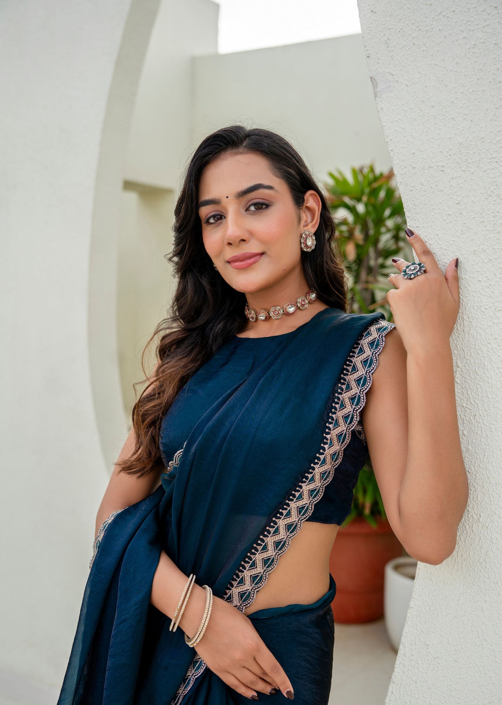 Navy Blue Italian Silk Saree Blouse Close Up - Embroidery Design