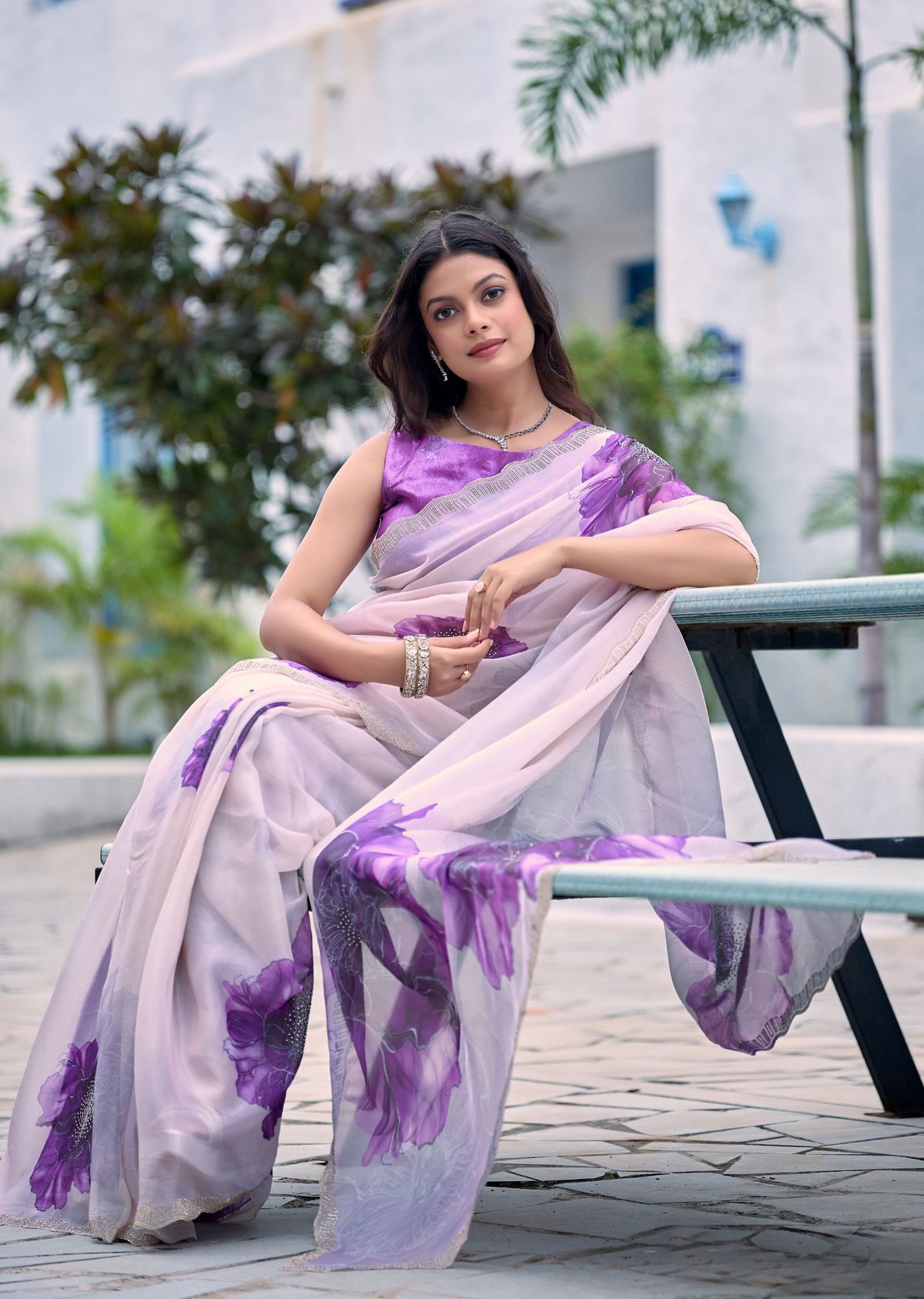 Lavender Italian Silk Saree Standing Pose - Festive Wear Saree
