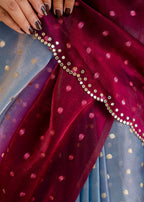 Royal Wine Grey Organza Silk Saree Draped Pose - Festive Wear Saree