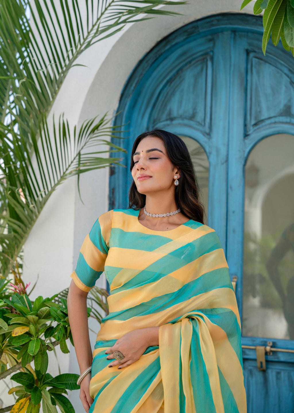 Sky Blue Soft Organza Saree With Leheriya Design - Front Look | Buy Online Ethnic9