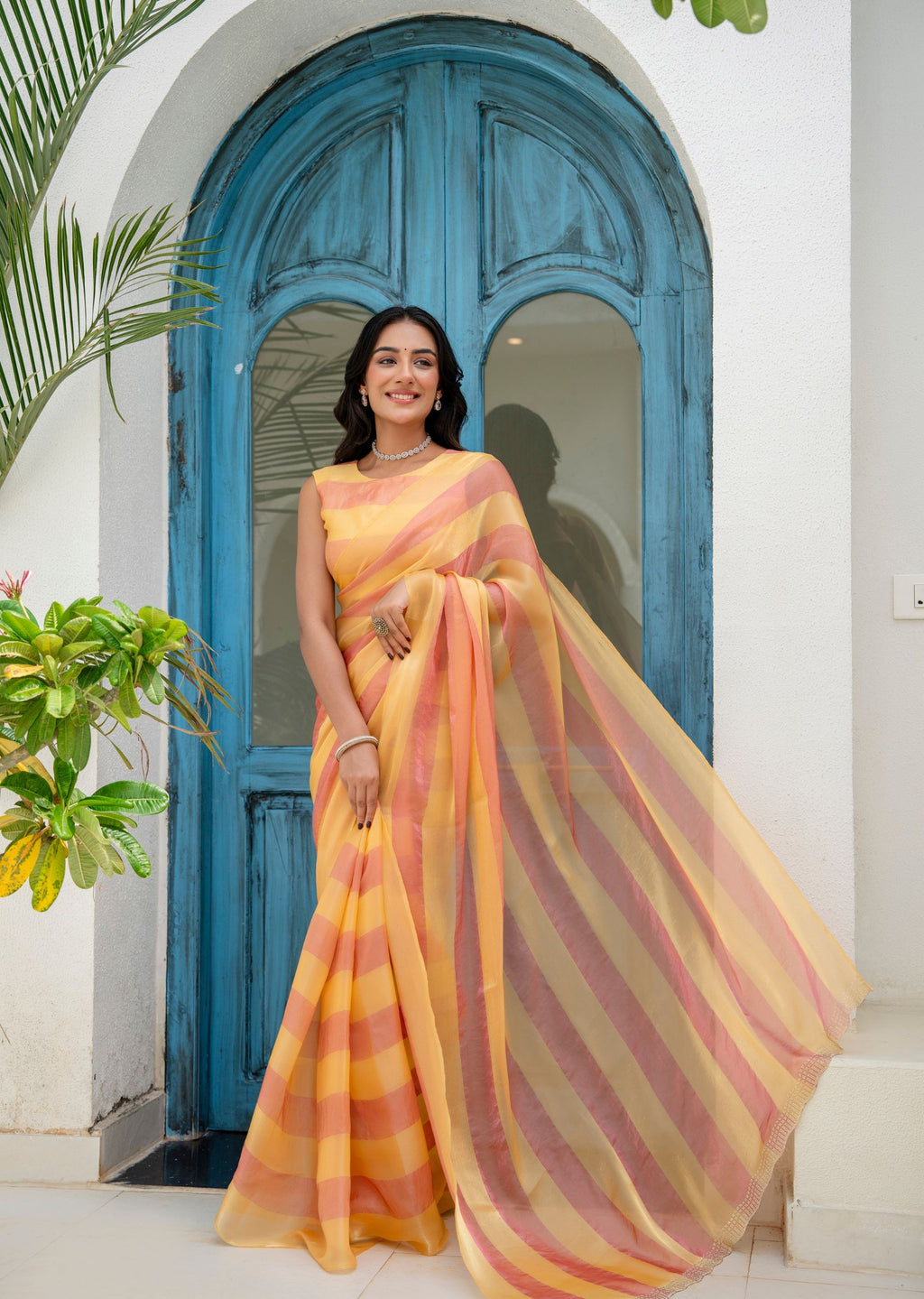 Orange Soft Organza Saree With Leheriya Design - Front Look | Buy Online Ethnic9