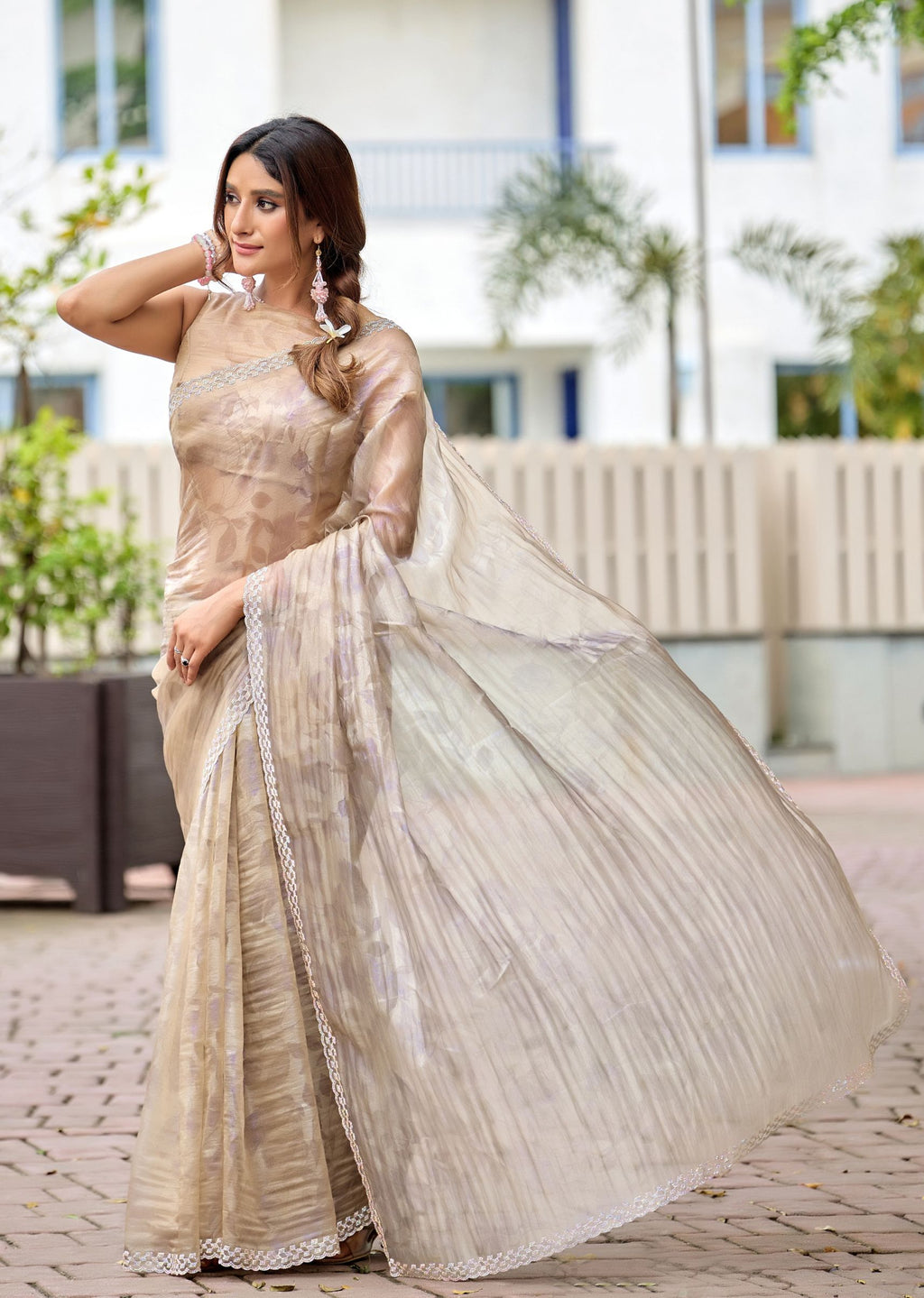 Gold Crushed Organza Saree Draped Pose - Party Wear Saree