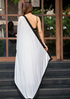 White Italian Silk Saree Draped Look - Black Sequin Border Detail