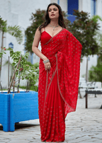 Red Italian Silk Saree With Stone Work - Front Look | Buy Online Ethnic9