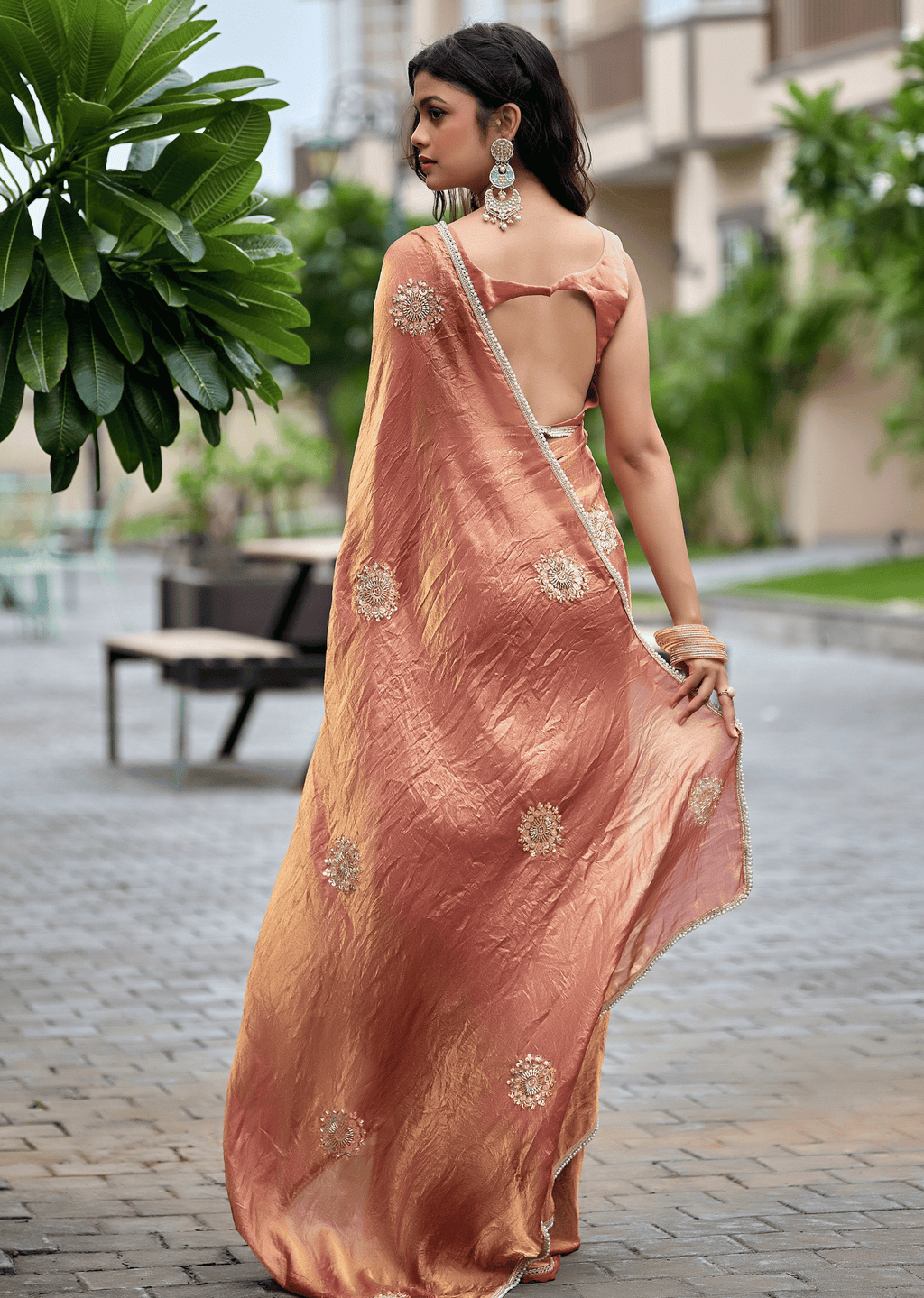 Copper Orange Italian Silk Saree Draped Look - Gold Floral Embellishment Detail