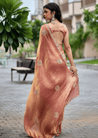 Copper Orange Italian Silk Saree Draped Look - Gold Floral Embellishment Detail