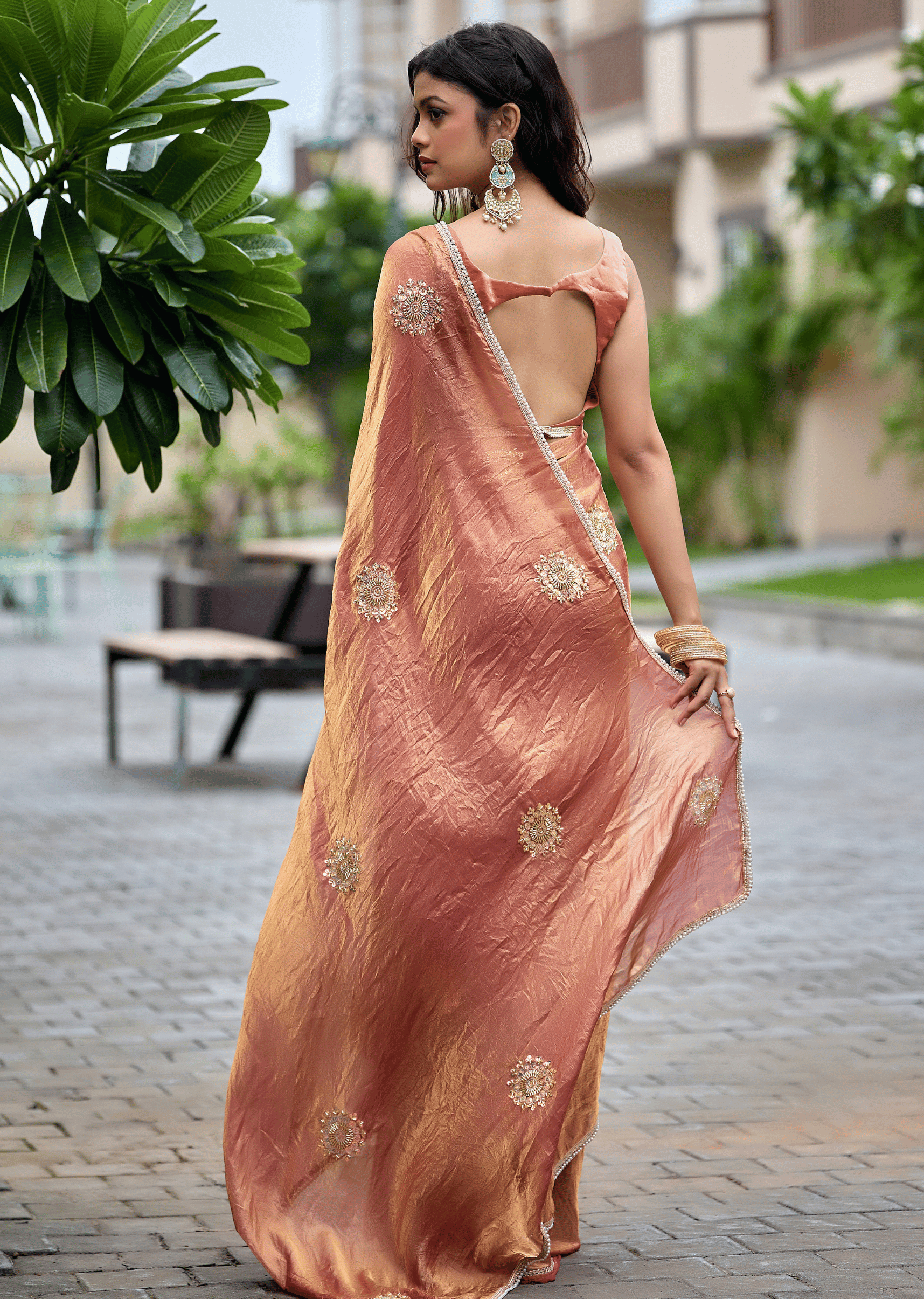 Copper Orange Italian Silk Saree Draped Look - Gold Floral Embellishment Detail