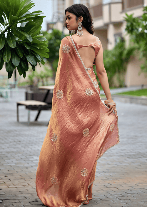 Copper Orange Italian Silk Saree Draped Look - Gold Floral Embellishment Detail