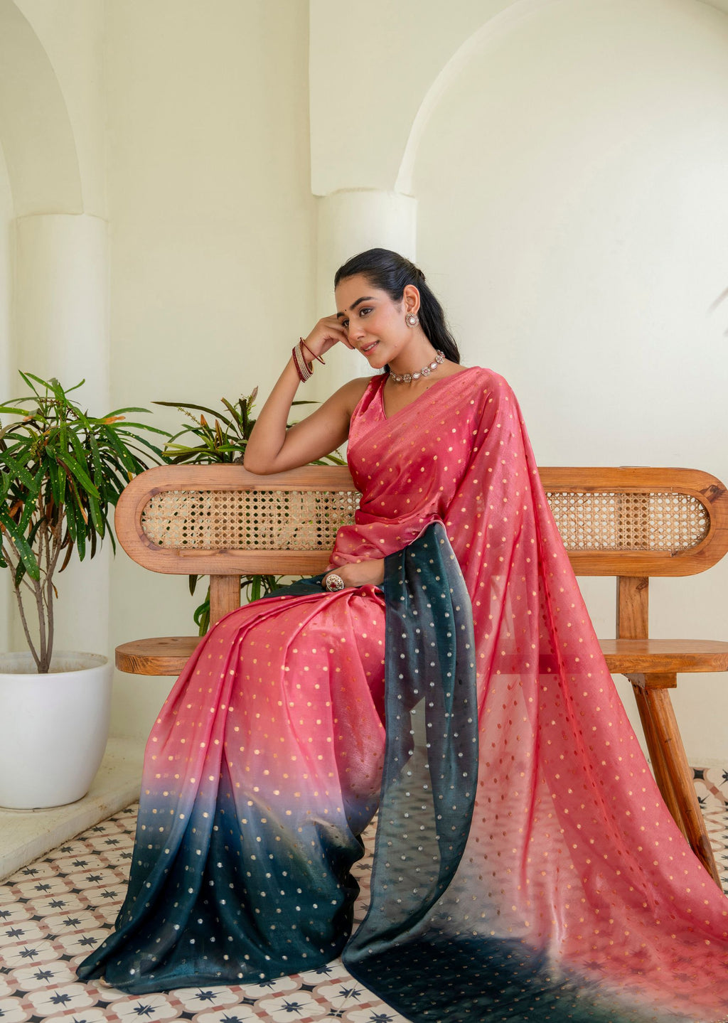Coral Pink Organza Silk Saree Outdoor Styled Pose - Festive Wear Saree