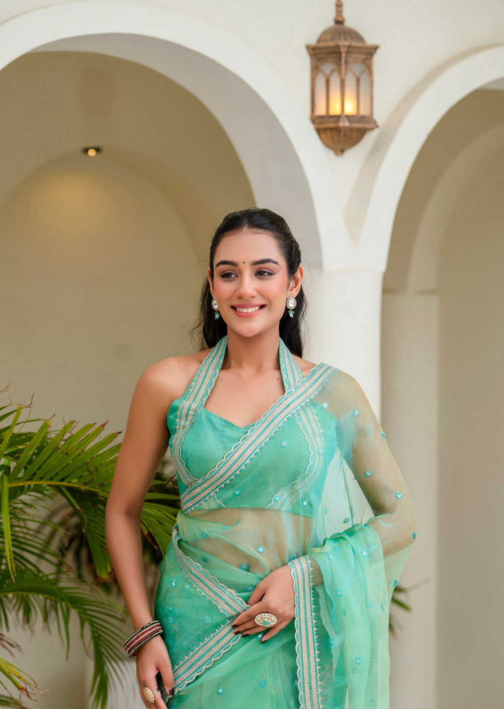 Firozi Tissue Silk Saree Standing Pose - Festive Wear Saree