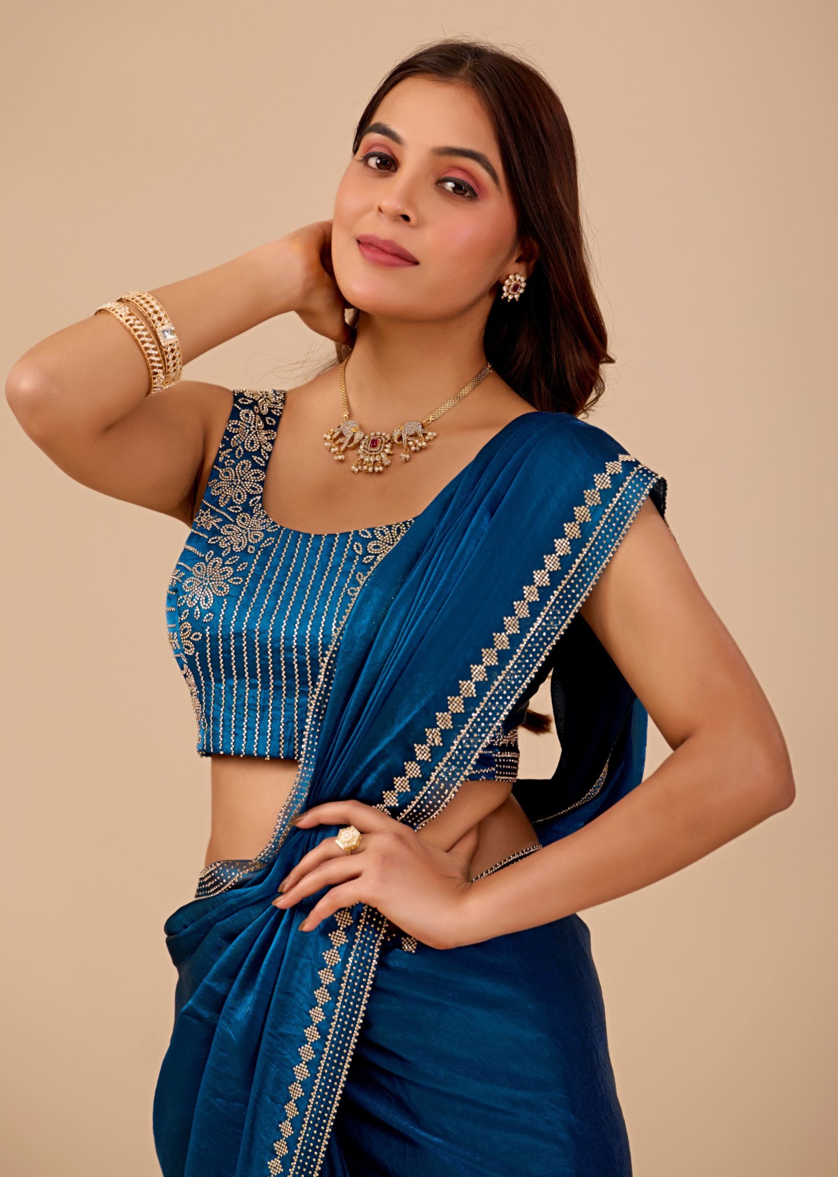 Royal Blue Organza Saree with Stone Work Border & Designer Embellished Blouse