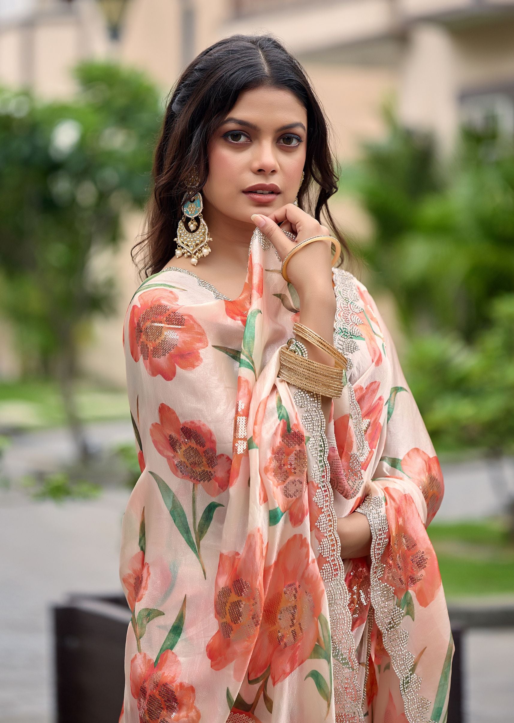 Orange Italian Silk Saree Close Up Look - Party Wear Saree