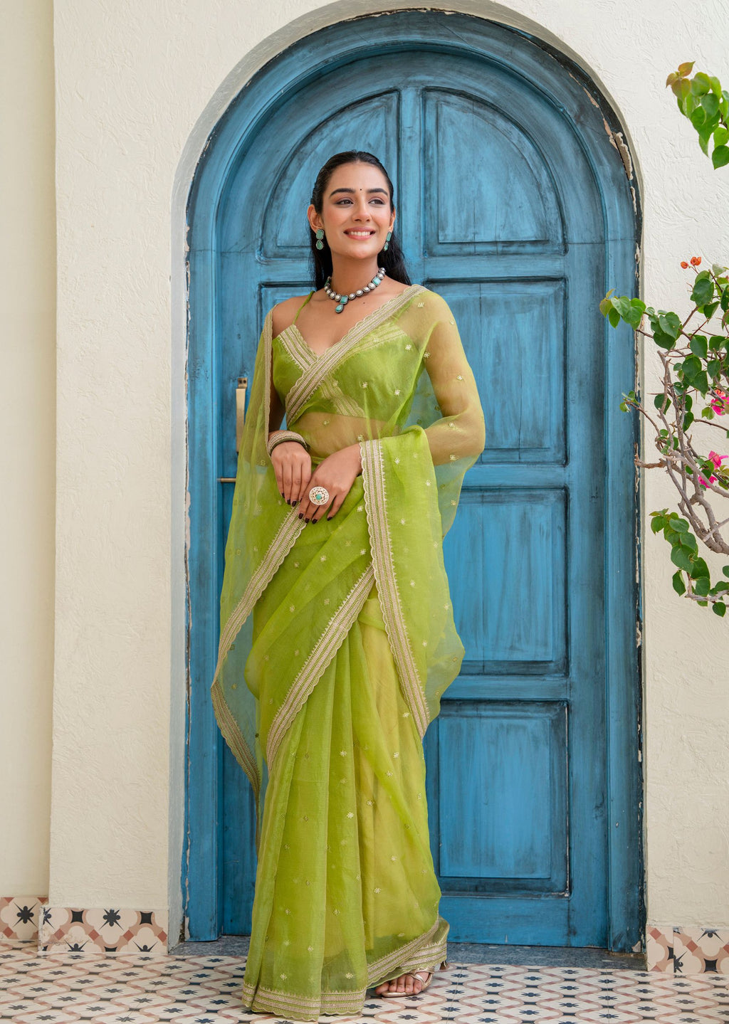 Lime Green Tissue Silk Saree Draped Pose - Festive Wear Saree