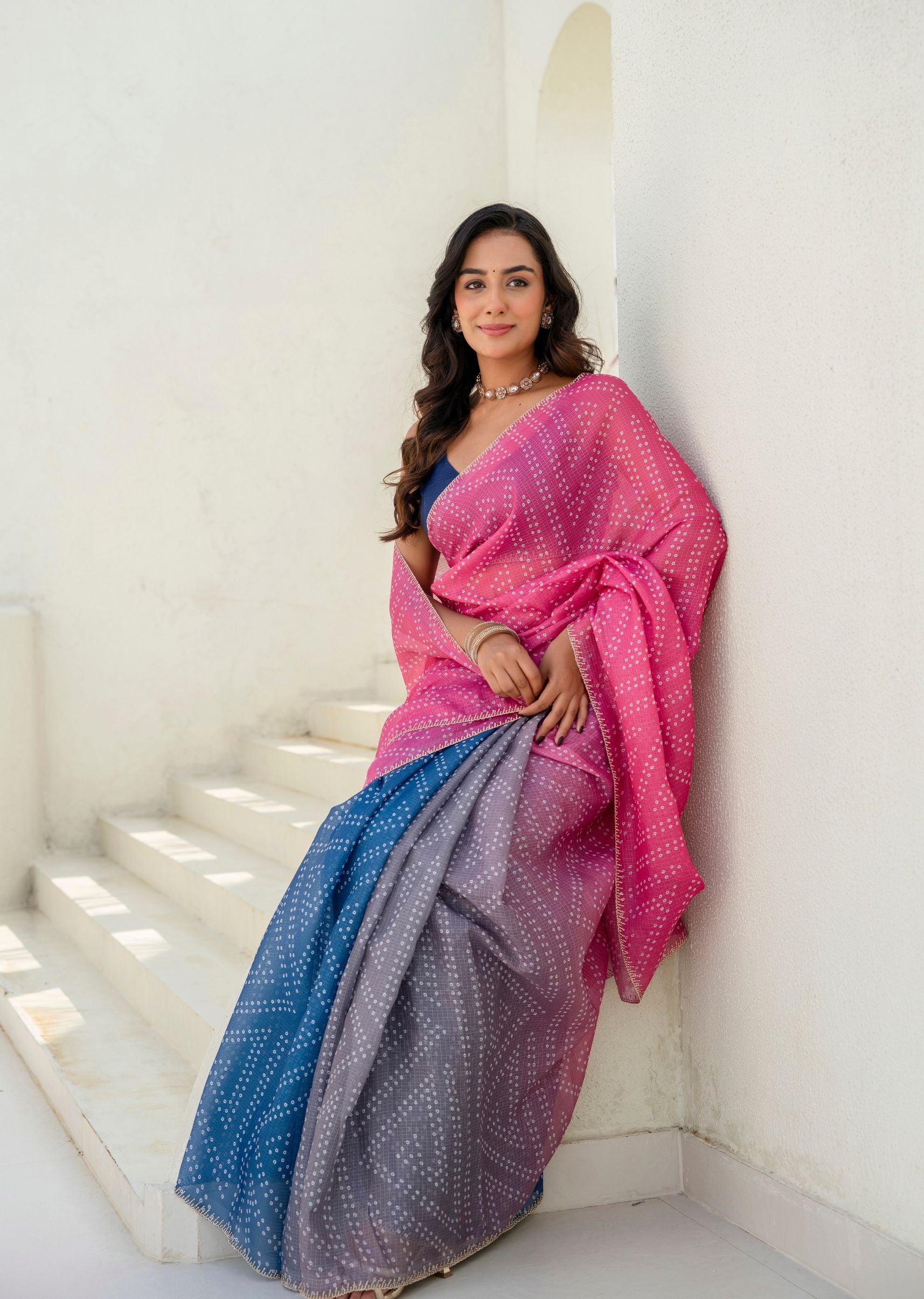 Pink Blue Kota Silk Saree Draped Pose - Party Wear Saree