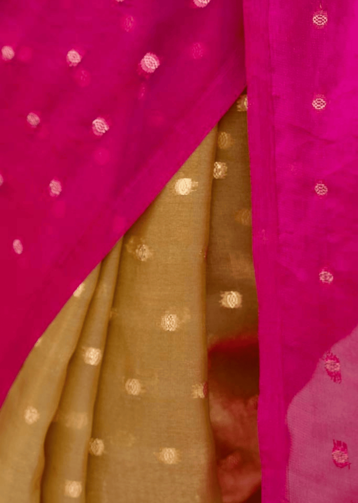 Pista Pink Organza Silk Saree Pallu Close Up - Golden Drape Detail