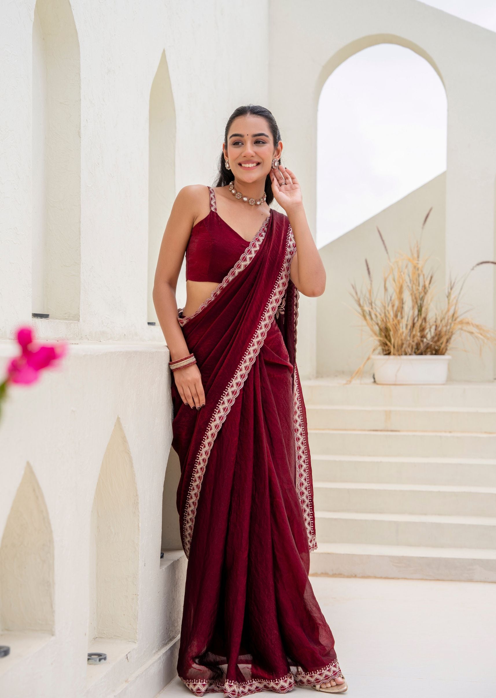 Purple Italian Silk Saree Standing Pose - Wedding Wear Saree