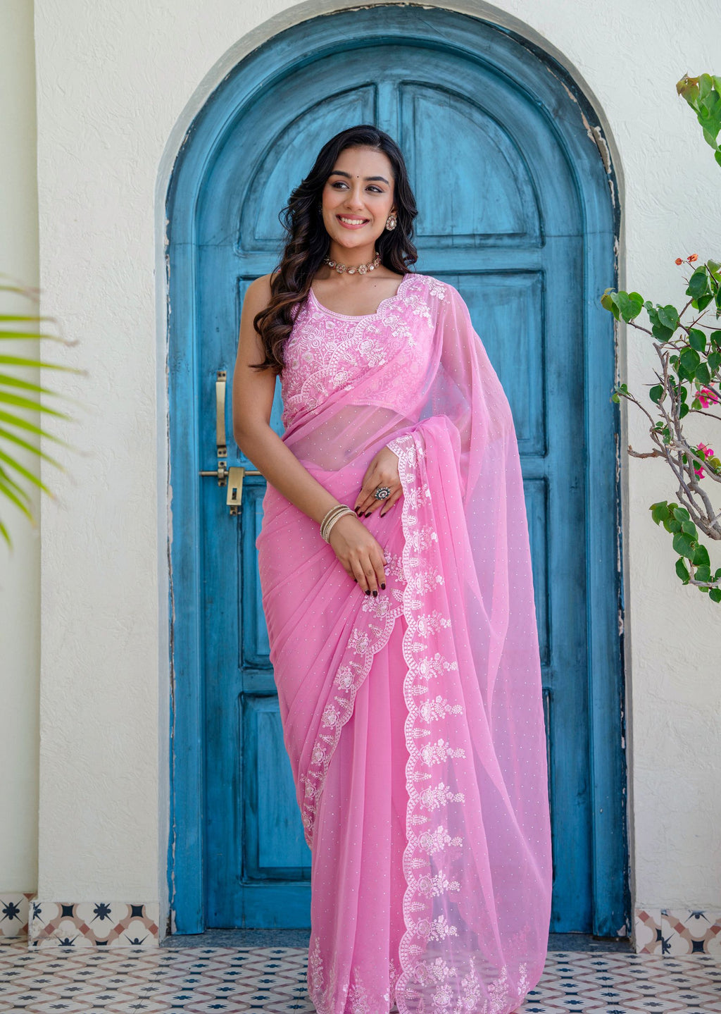 Baby Pink Chiffon Saree With Embroidery And Stone Work - Front Look | Buy Online Ethnic9