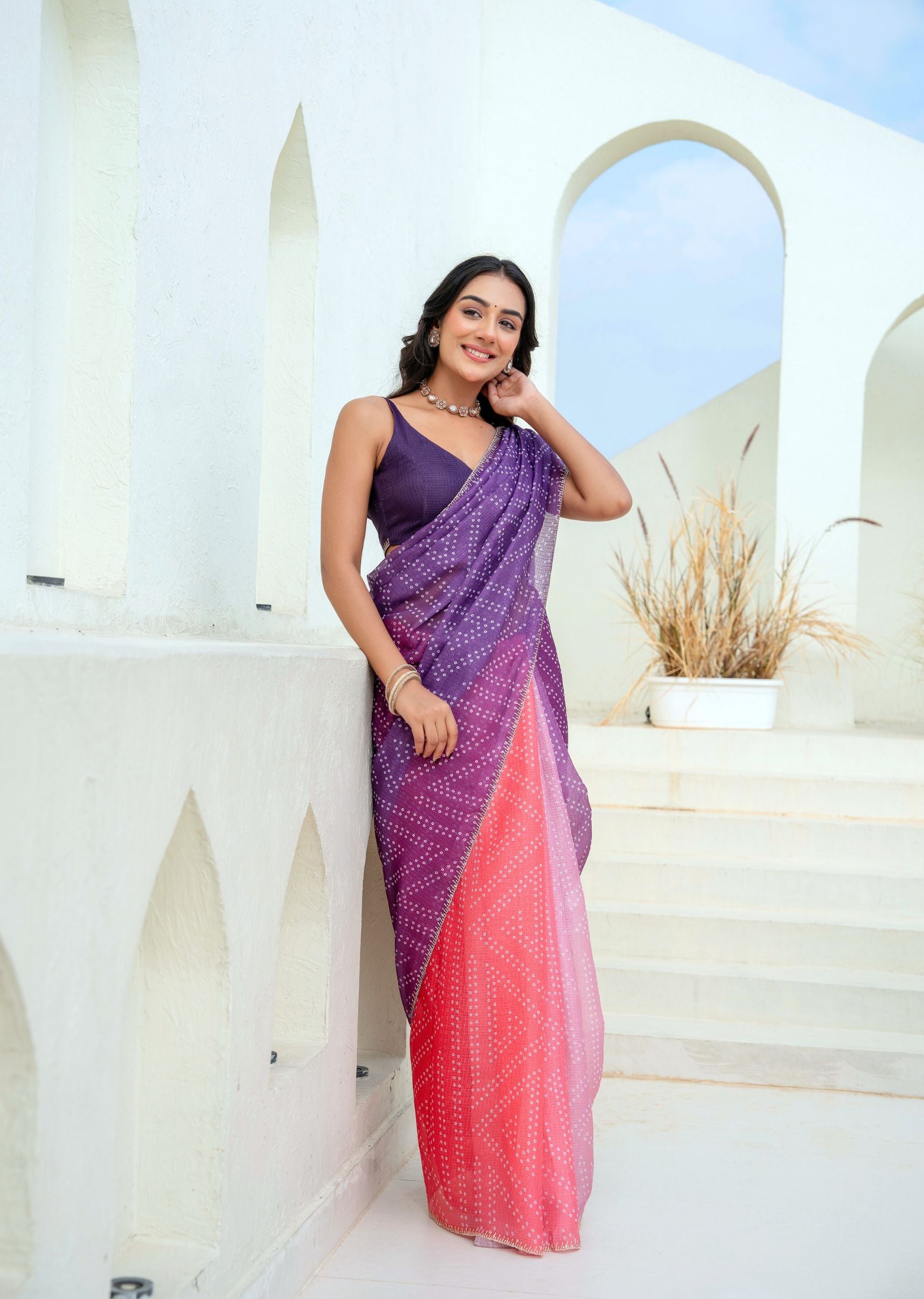 Purple Red Kota Silk Saree Draped Pose - Party Wear Saree