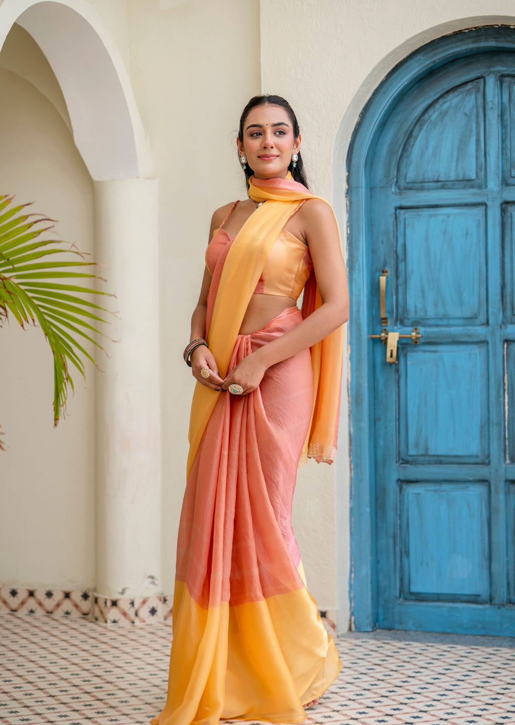 Peach Orange Organza Saree Standing Look - Party Wear Saree