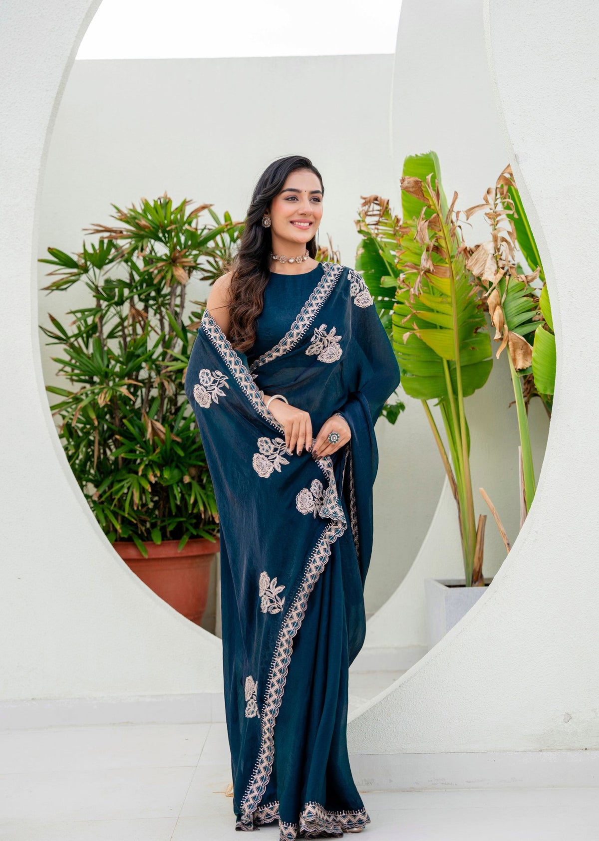 Navy Blue Italian Silk Saree Outdoor Styled Look - Wedding Wear Saree