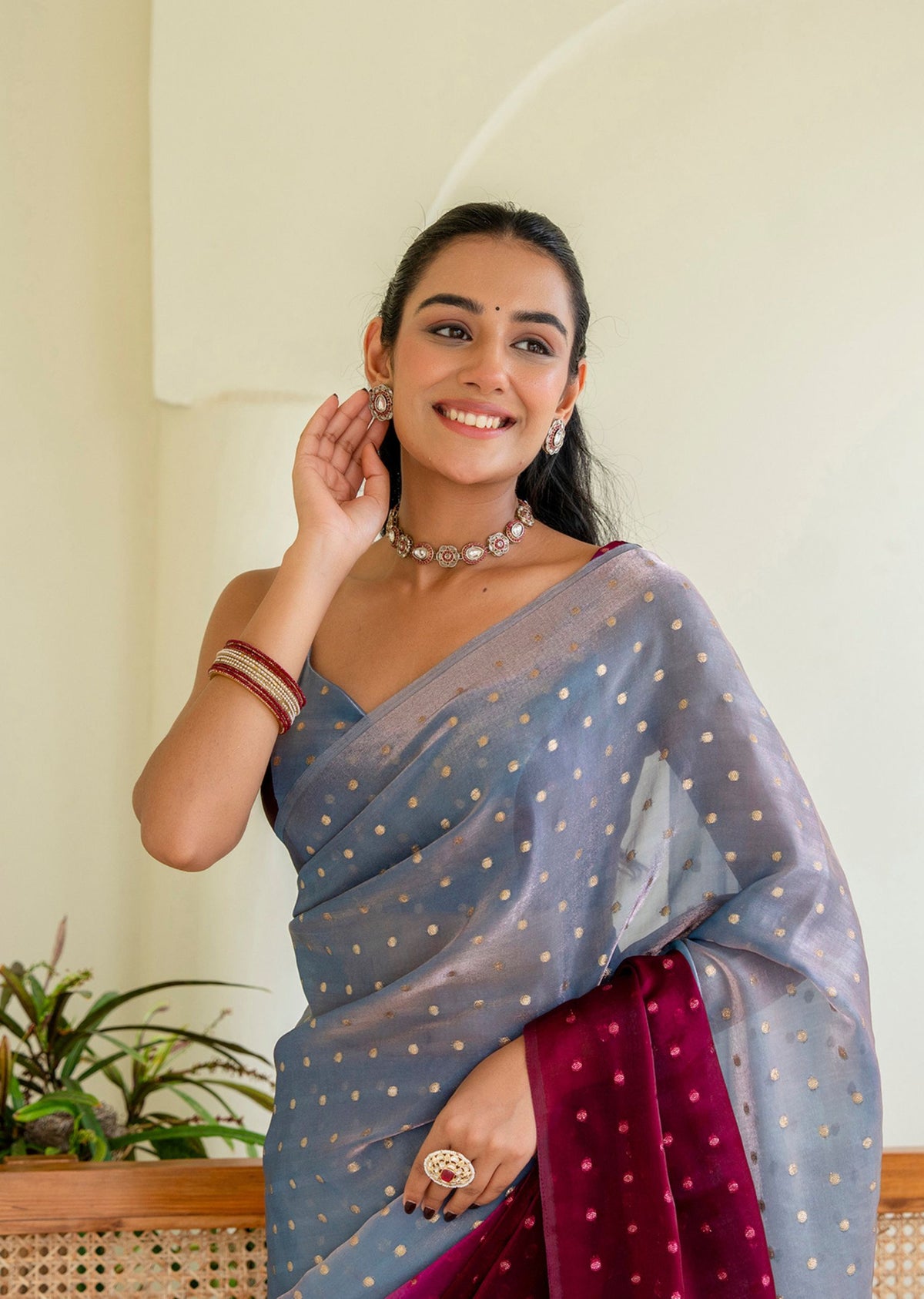 Royal Wine Grey Organza Silk Saree Draped Look - Party Wear Saree
