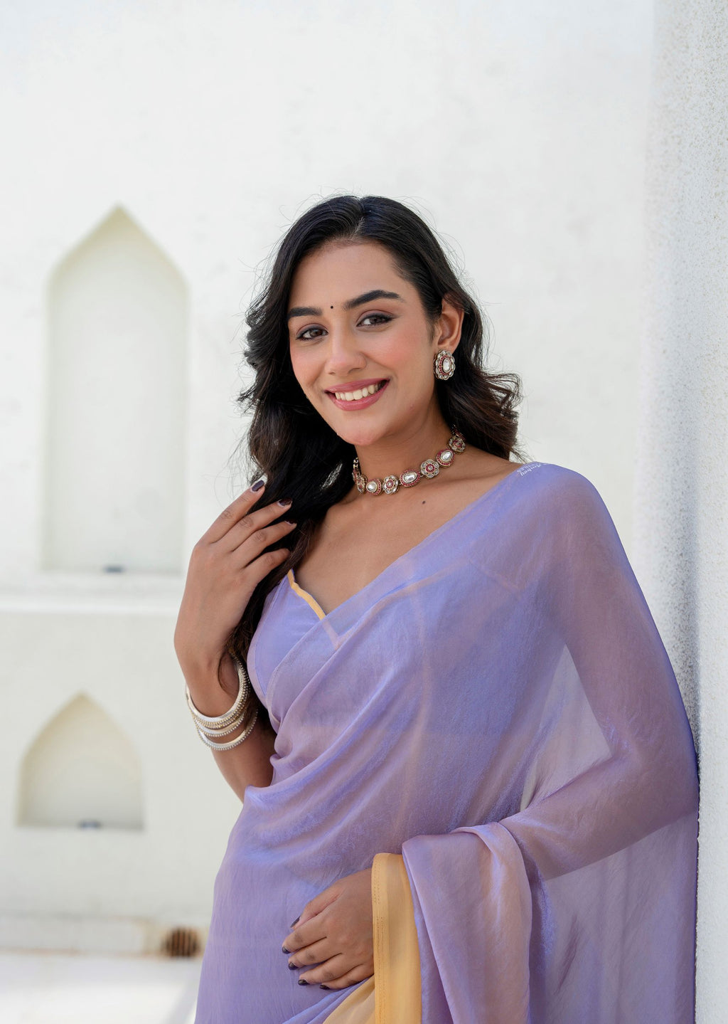 Lavender Organza Saree Outdoor Styled Pose - Party Wear Saree