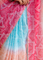 Firozi Red Kota Silk Saree Pallu Close Up - Turquoise Peach Ombre Detail