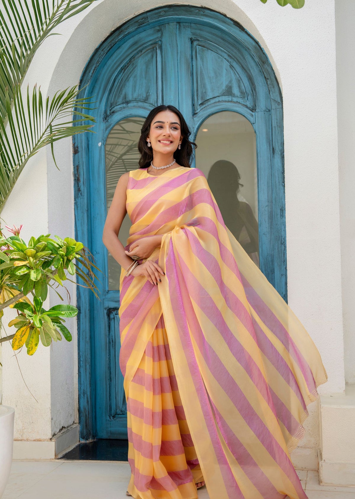 Pink Organza Saree Outdoor Styled Look - Festive Wear Saree