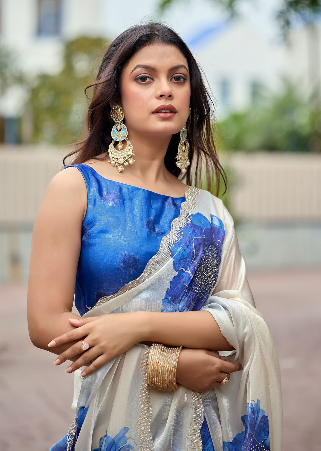 Ivory Italian Silk Saree Outdoor Styled Pose - Party Wear Saree