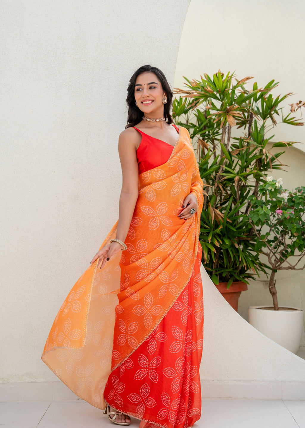 Orange Kota Silk Saree Standing Pose - Casual Wear Saree