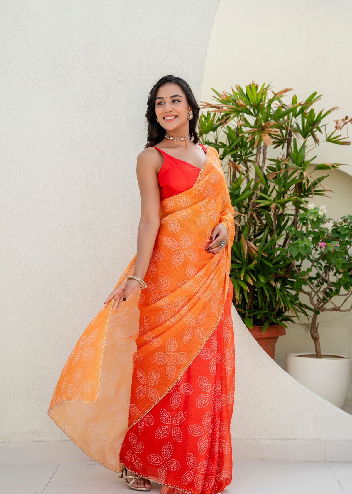 Orange Kota Silk Saree Standing Pose - Casual Wear Saree