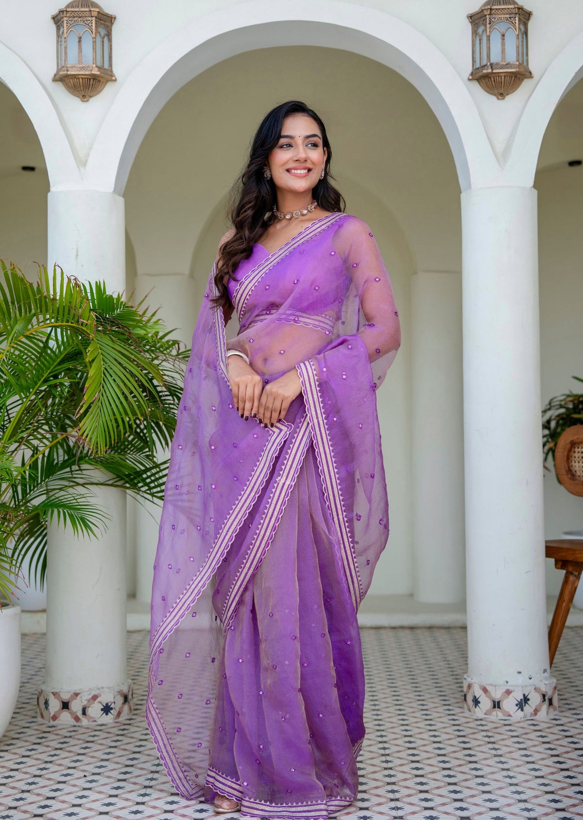 Purple Tissue Silk Saree Draped Pose - Festive Wear Saree