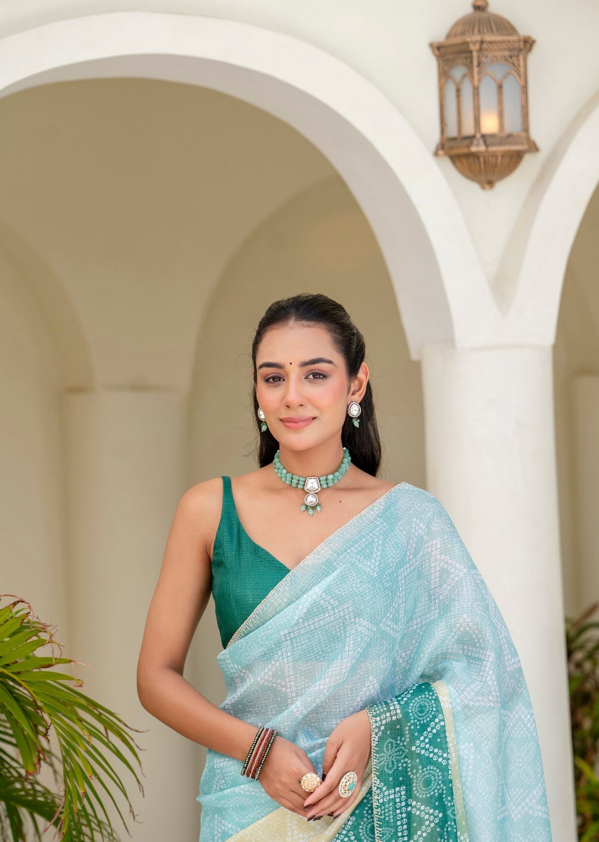 Teal Green Kota Silk Saree Side View - Festive Wear Saree
