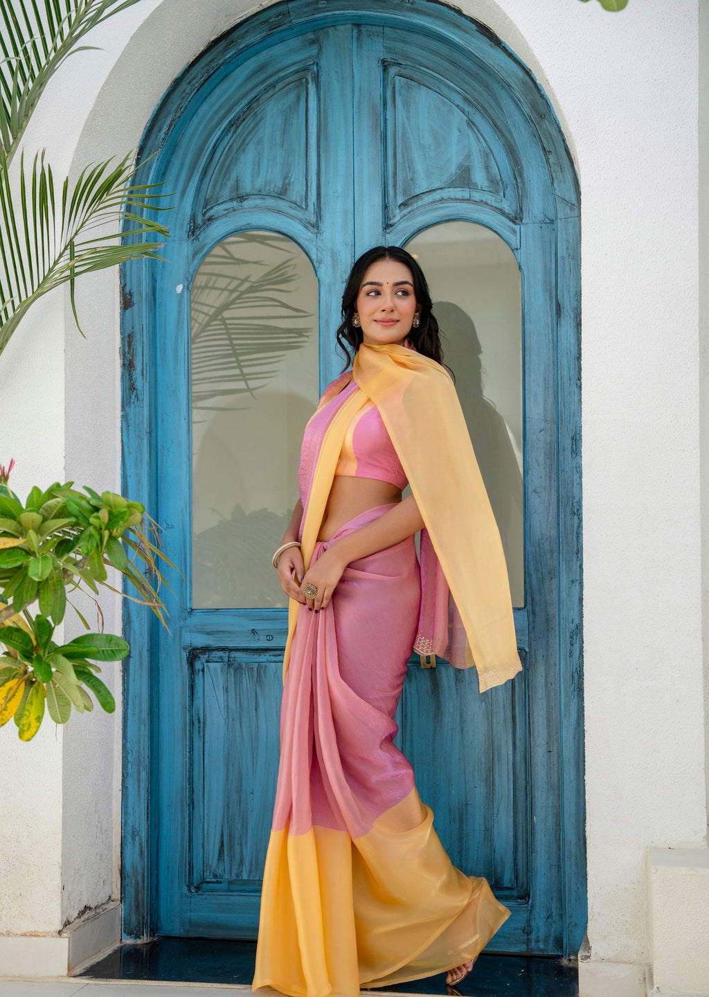 Pink Organza Saree Standing Pose - Festive Wear Saree