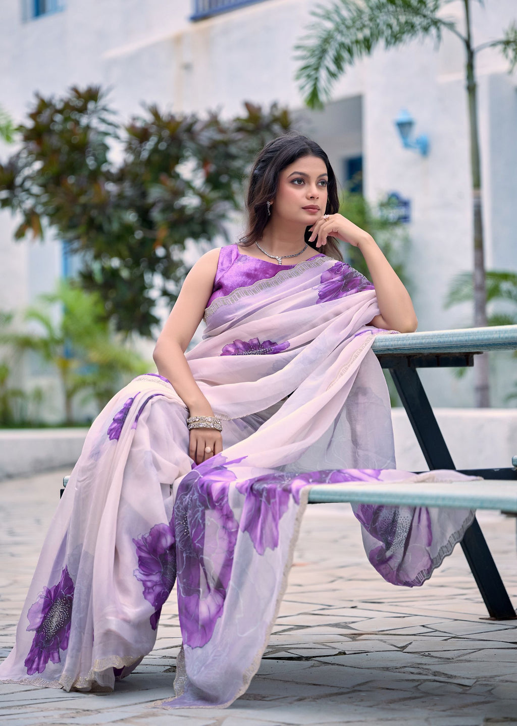 Lavender Italian Silk Saree Outdoor Styled Pose - Party Wear Saree