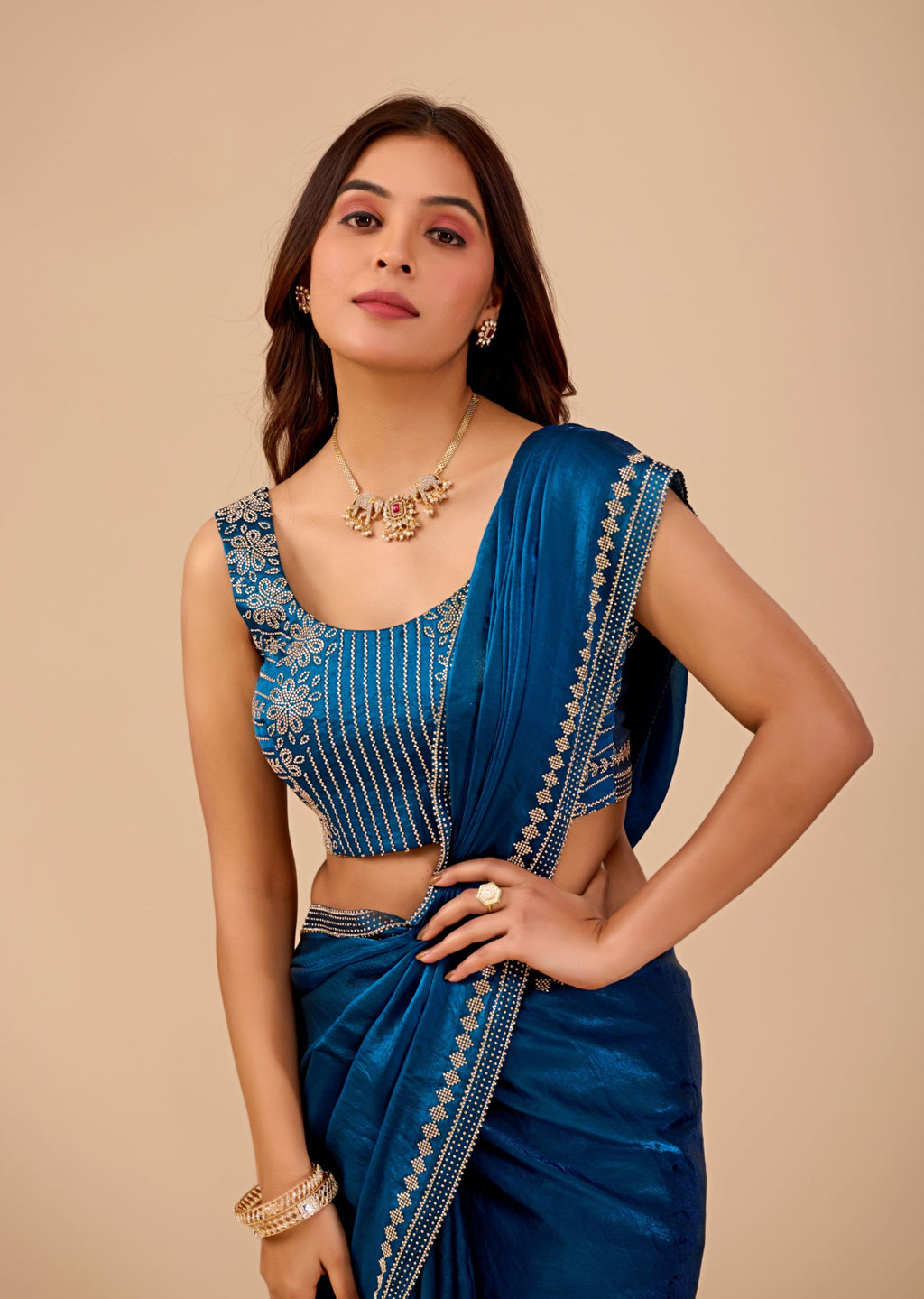 Royal Blue Organza Saree with Stone Work Border & Designer Embellished Blouse