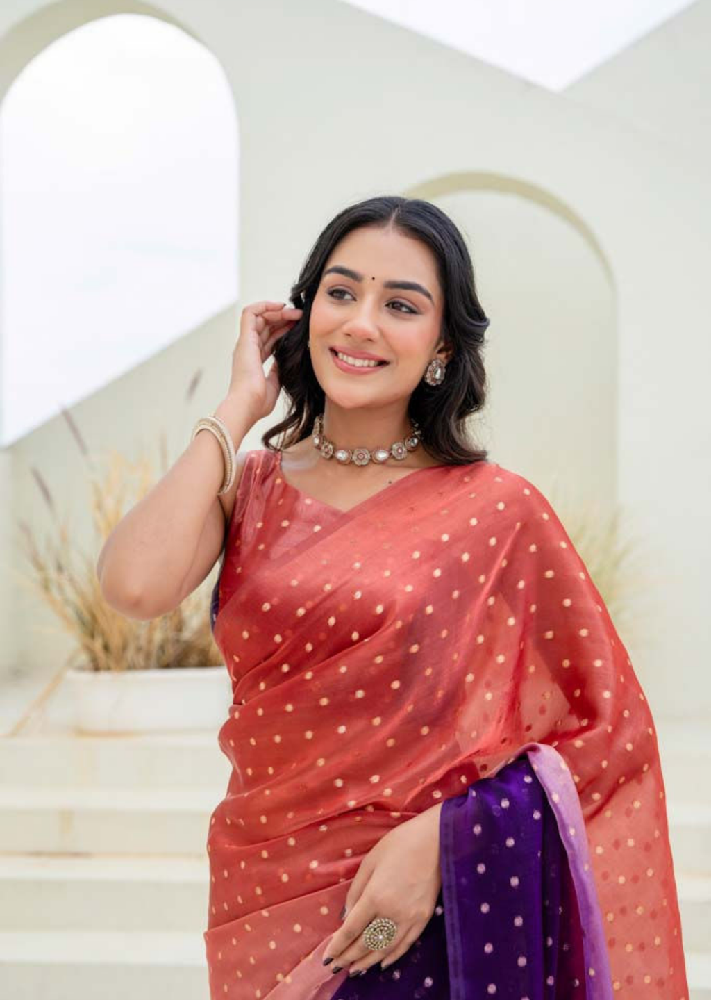 Orange Purple Organza Silk Saree Standing Look - Festive Wear Saree