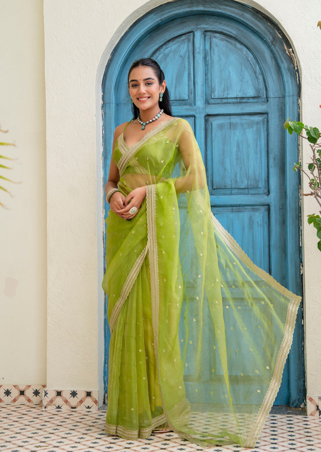 Lime Green Tissue Silk Saree Draped Look - Woven Motif Detail