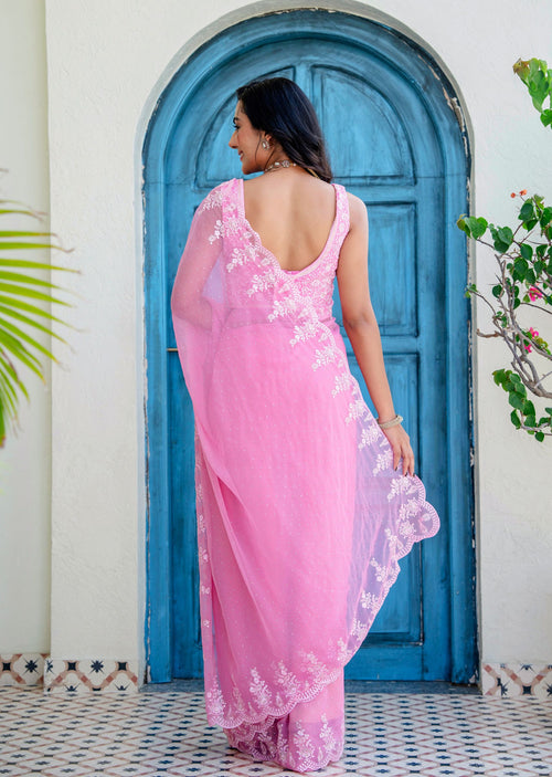 Baby Pink Chiffon Saree Back Pose - Floral Embroidery Detail
