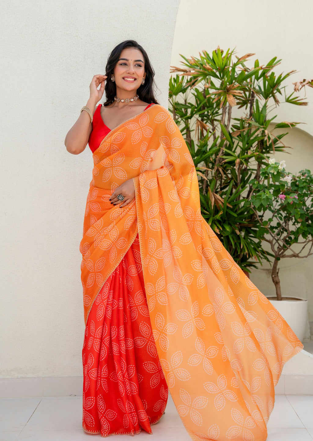 Orange Kota Silk Saree Outdoor Styled Pose - Festive Wear Saree
