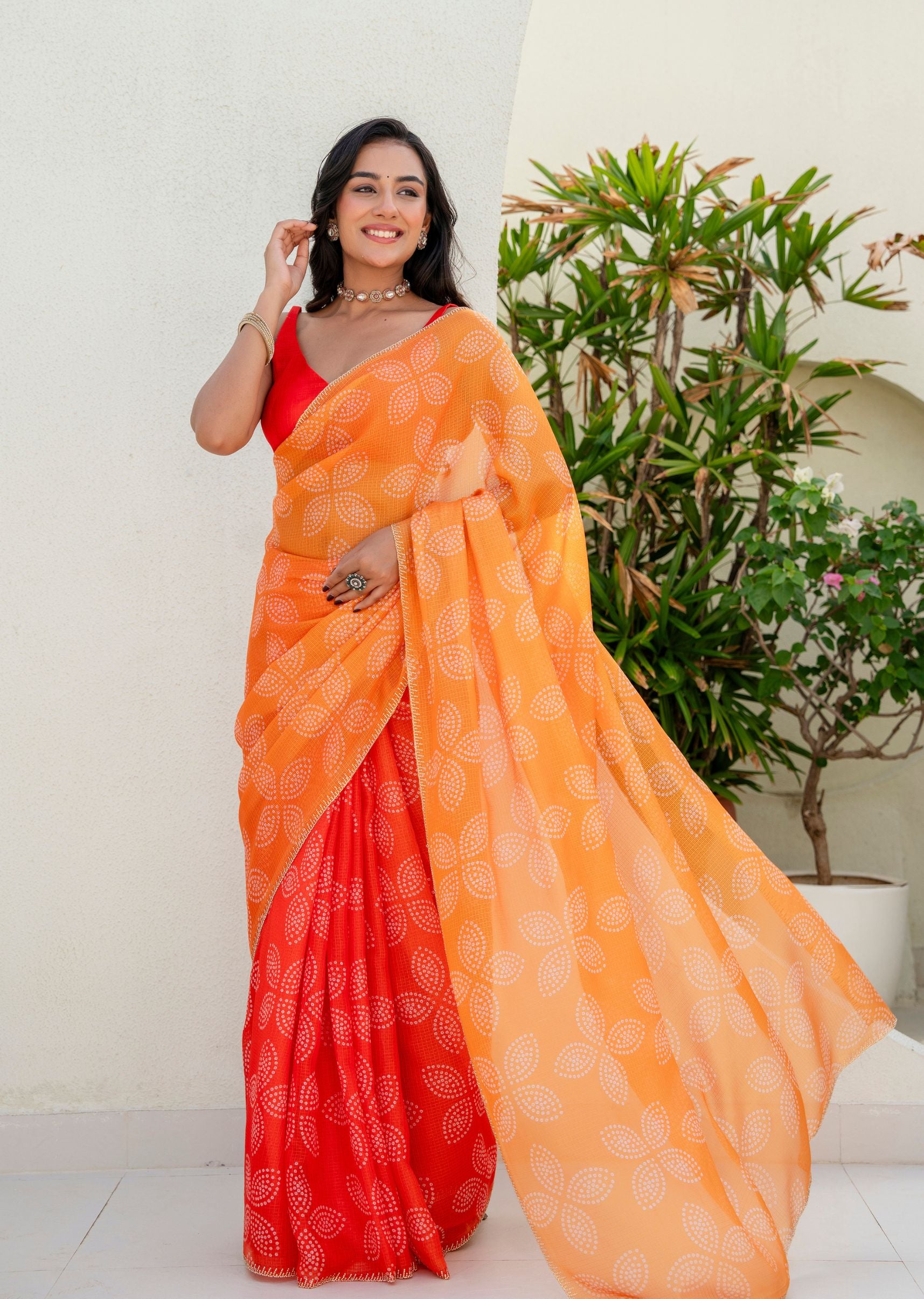 Orange Kota Silk Saree Outdoor Styled Pose - Festive Wear Saree