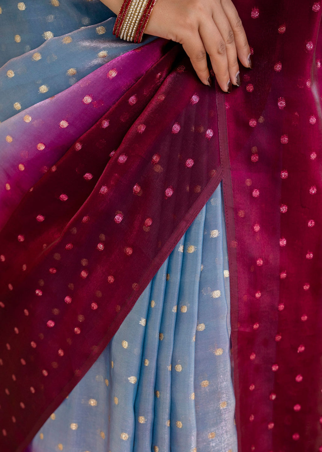 Royal Wine Grey Organza Silk Saree Pallu Detail - Sequin Work Close Up