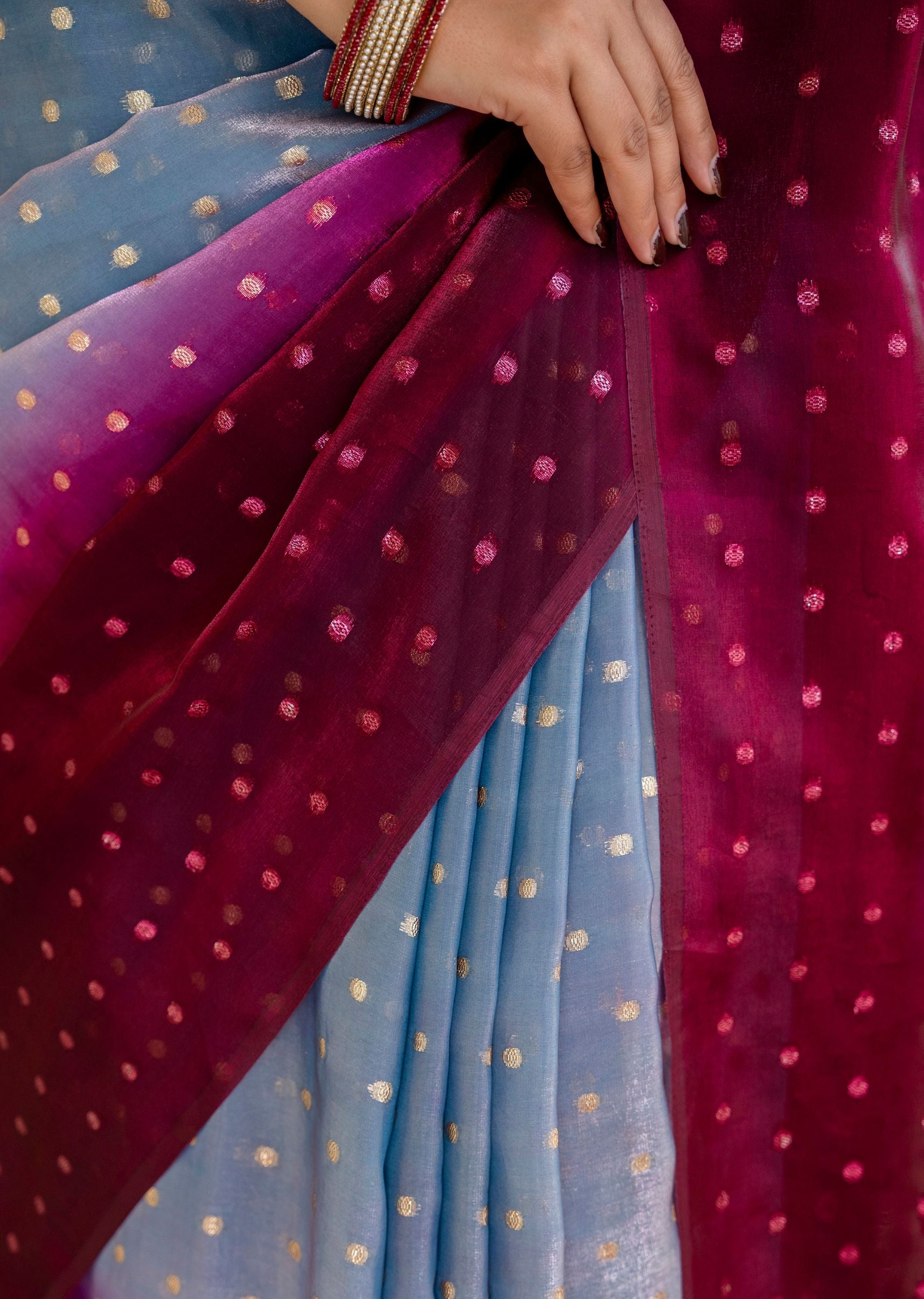 Royal Wine Grey Organza Silk Saree Pallu Detail - Sequin Work Close Up