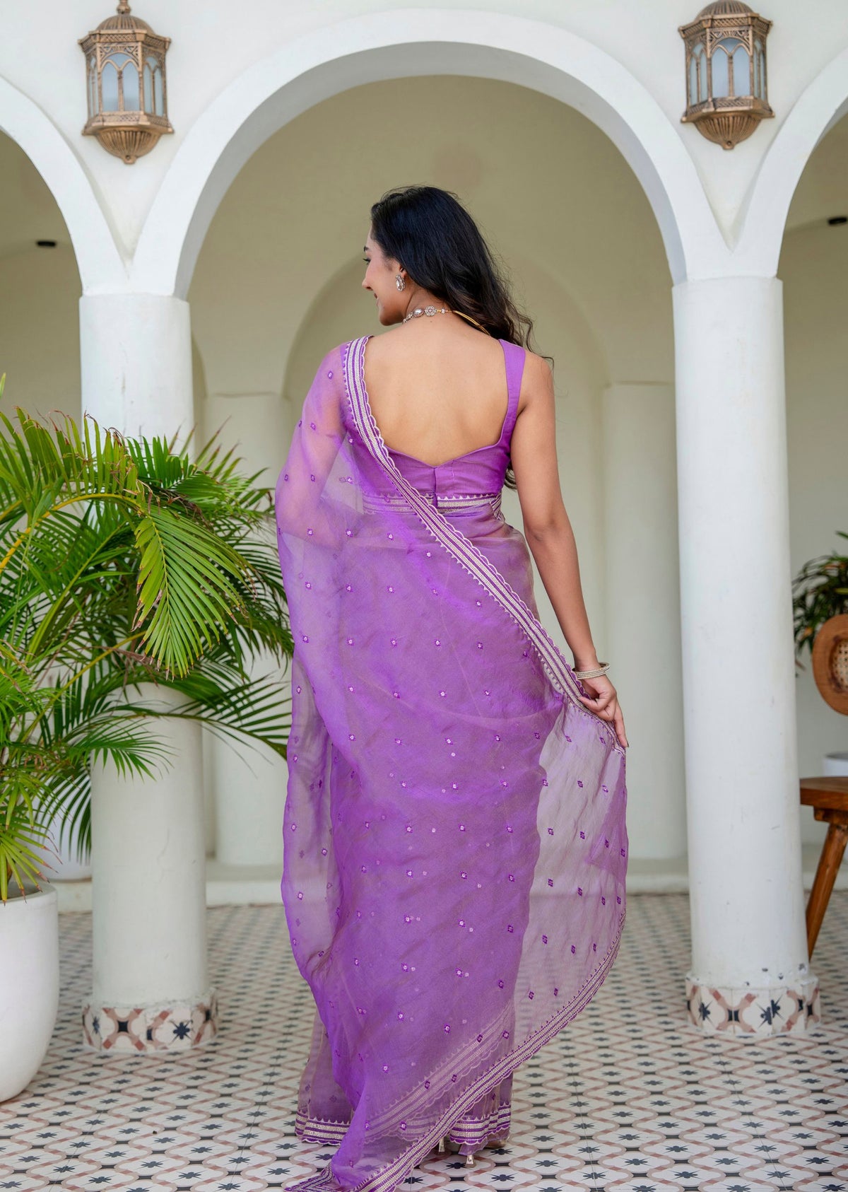 Purple Tissue Silk Saree Back Pose - Sequin Motif Detail